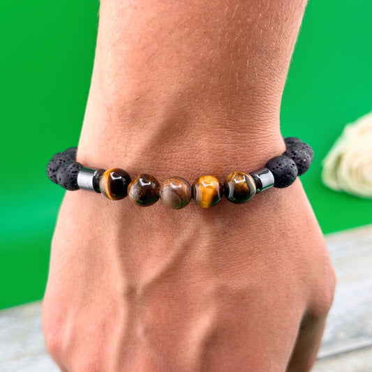 Bracelet Volcanic, Tiger Eye & Hematite, Beaded Natural Stones